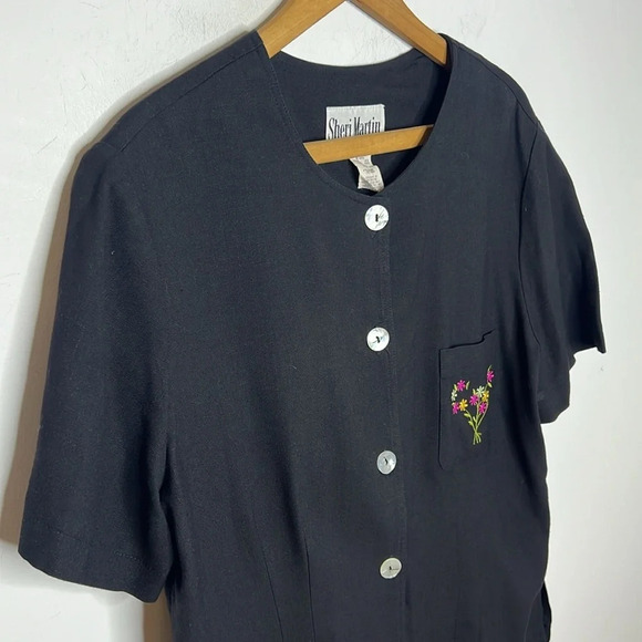 SHERI MARTIN Vintage 90s Linen Blend Floral Embroidered Lagenlook Jacket Blouse - Picture 3 of 9